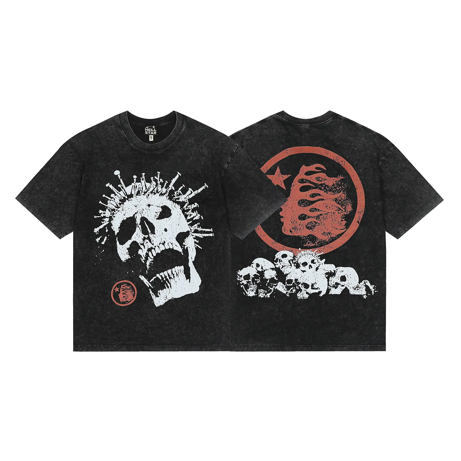 7727# P124 Washed Hellstar Hellstar ins same style retro printed tops for men and women, casual and trendy pure cotton washed short-sleeved T-shirt Color: Black Size: S M L XL