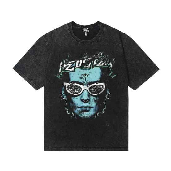 7743# P124 Washed Hellstar Hellstar ins same style retro printed tops for men and women, casual and trendy pure cotton washed short-sleeved T-shirt Color: Black Size: S M L XL
