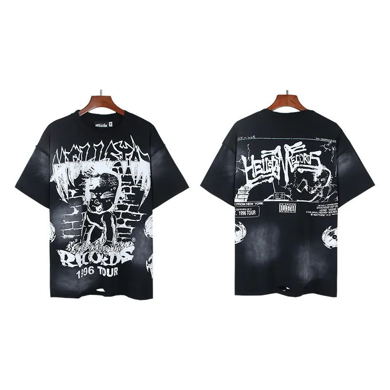 P130 Washed Black + Frayed Real Shots Hellstar Washed, Frayed and Reversed Fashion Printed Short-sleeved T-shirt Fabric: 265g 32 count fine cotton double yarn pure cotton Color: Washed Black Size: S M L XL