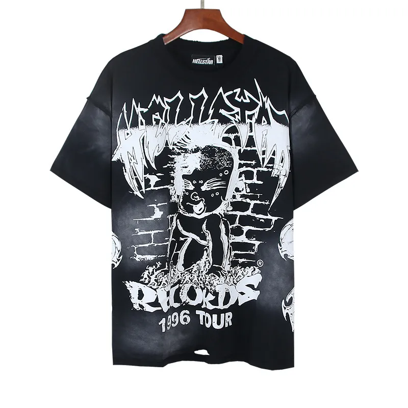 P130 Washed Black + Frayed Real Shots Hellstar Washed, Frayed and Reversed Fashion Printed Short-sleeved T-shirt Fabric: 265g 32 count fine cotton double yarn pure cotton Color: Washed Black Size: S M L XL