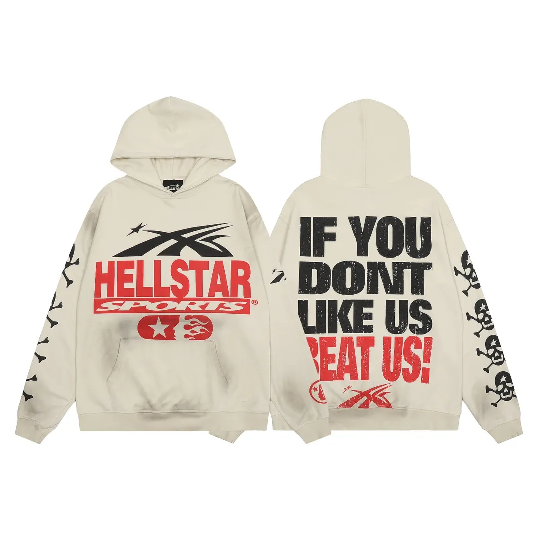 P240 Hellstar Studios Don’t Like Us Beat Us Hooded Sweatshirt Distressed washed trendy brand high-quality sweatshirt hoodie color (color): beige Size (size): S, M, L, XL
