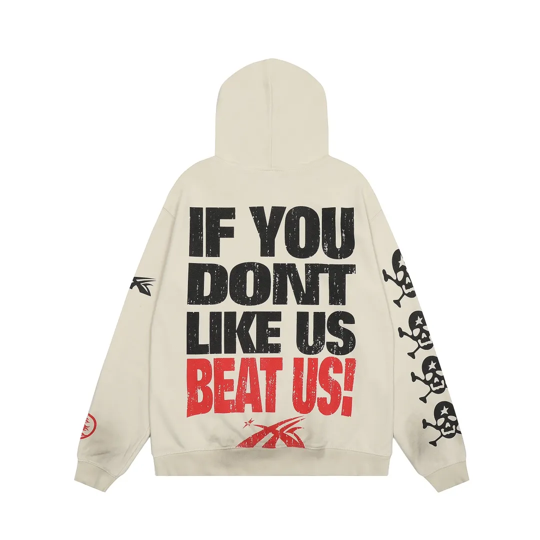 P240 Hellstar Studios Don’t Like Us Beat Us Hooded Sweatshirt Distressed washed trendy brand high-quality sweatshirt hoodie color (color): beige Size (size): S, M, L, XL
