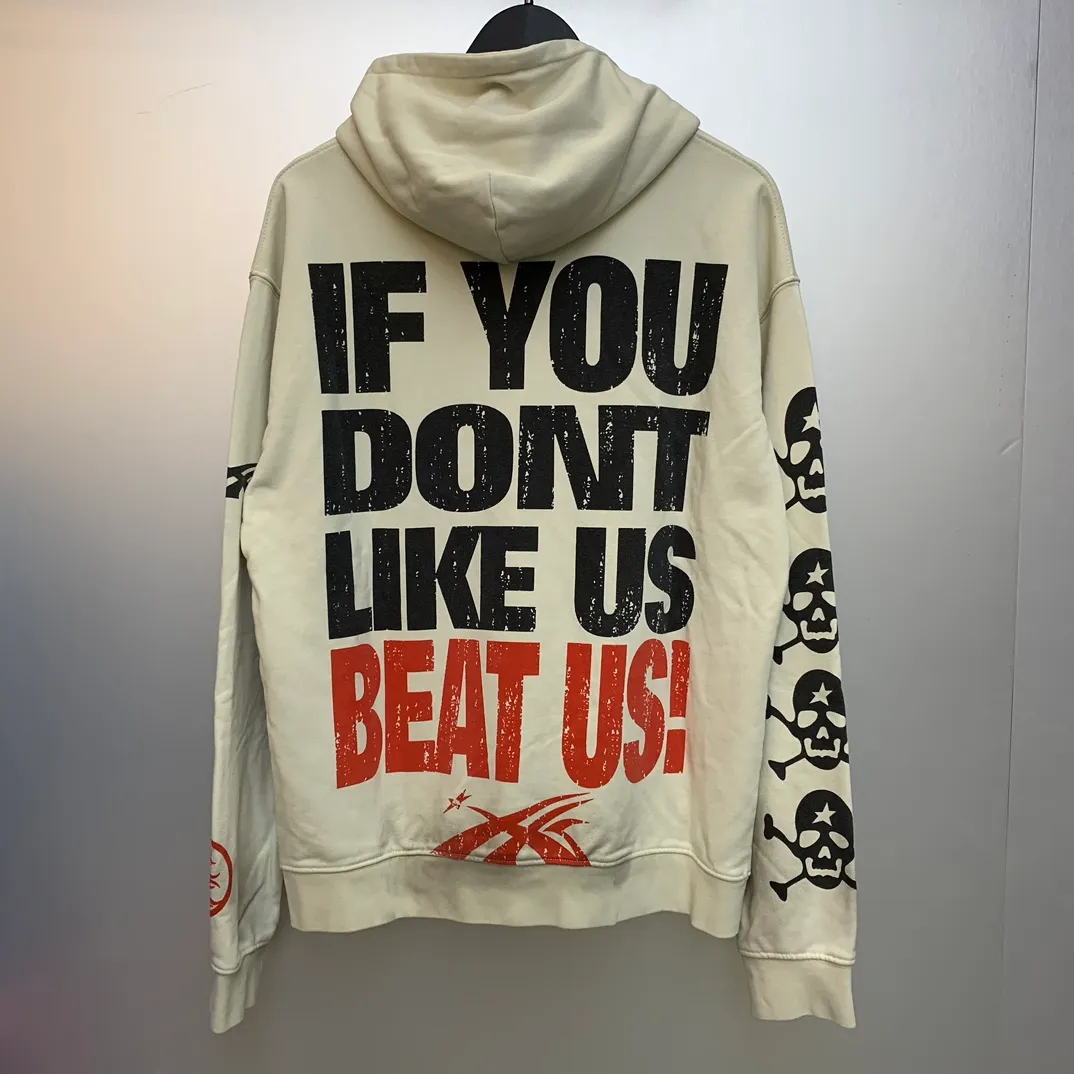 P240 Hellstar Studios Don’t Like Us Beat Us Hooded Sweatshirt Distressed washed trendy brand high-quality sweatshirt hoodie color (color): beige Size (size): S, M, L, XL