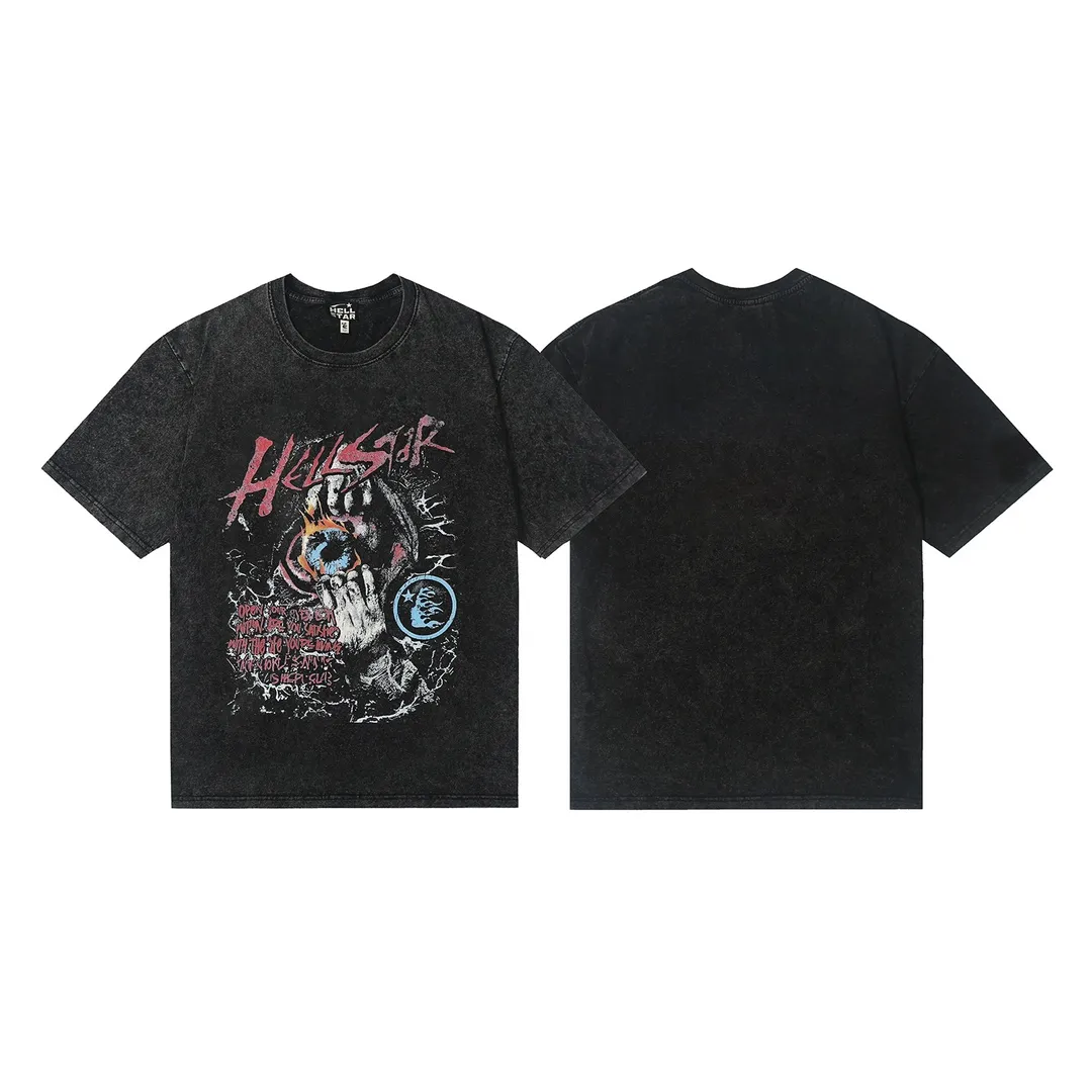 7719# P118 Washed Hellstar Hellstar ins same style retro printed tops for men and women, casual and trendy pure cotton washed short-sleeved T-shirt Color: Black Size: S M L XL