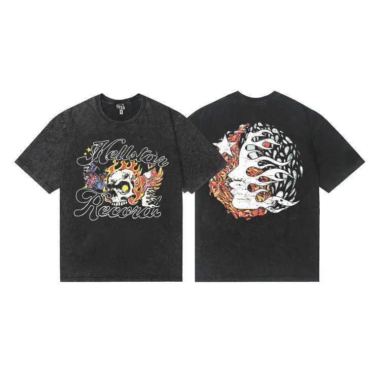 7745# P124 Washed Hellstar Hellstar ins same style retro printed tops for men and women, casual and trendy pure cotton washed short-sleeved T-shirt Color: Black Size: S M L XL