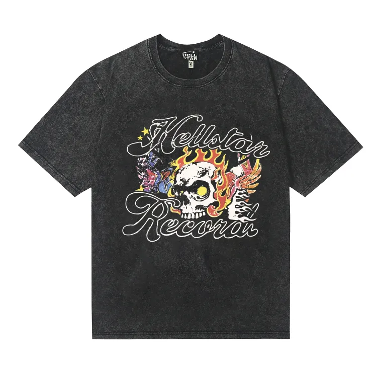 7745# P124 Washed Hellstar Hellstar ins same style retro printed tops for men and women, casual and trendy pure cotton washed short-sleeved T-shirt Color: Black Size: S M L XL