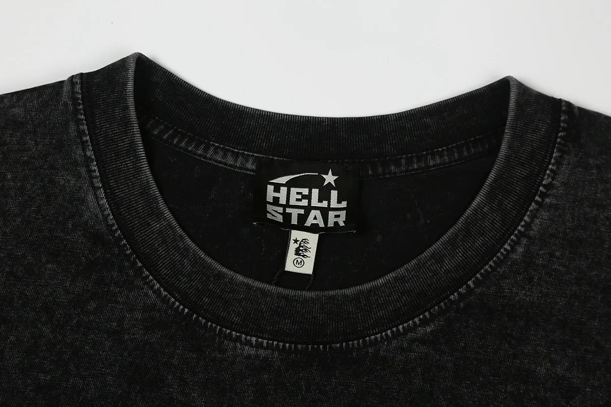 7745# P124 Washed Hellstar Hellstar ins same style retro printed tops for men and women, casual and trendy pure cotton washed short-sleeved T-shirt Color: Black Size: S M L XL