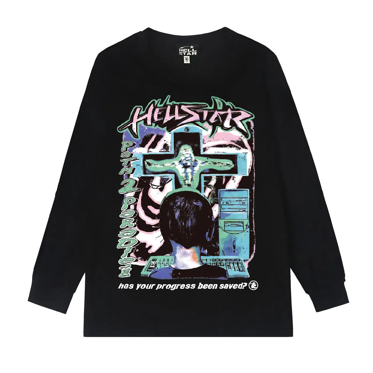 5528# P136 Hellstar Hellstar letter print lightning high street men and women hip-hop loose long-sleeved T-shirt Color: Black White Size: S M L XL