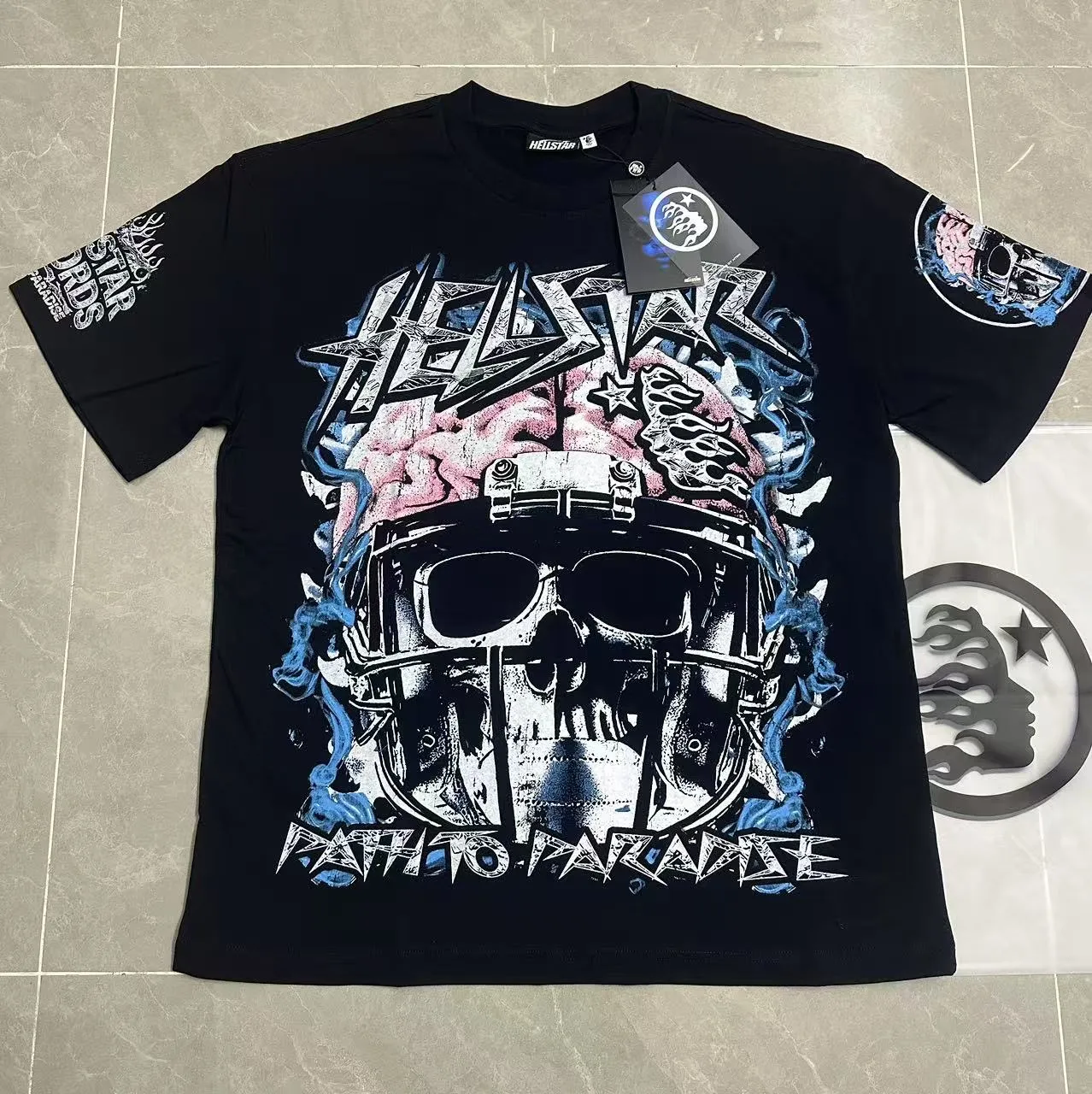 P108 Real-stock Hellstar Cross-border European and American style, street fashion brand pure cotton T-shirt Fabric (fabric): 32 pieces of 240g heavy combed double yarn pure cotton Size (size): S-M- L- X L Color (colour): black