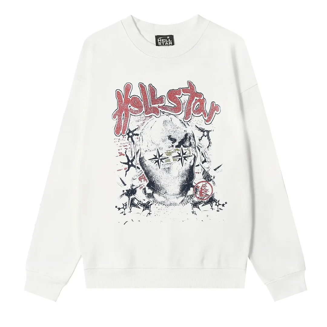 8822# P160 Hellstar high quality Hellstar American trendy printed cotton terry crew neck sweatshirt Color: White Black Size: S M L XL