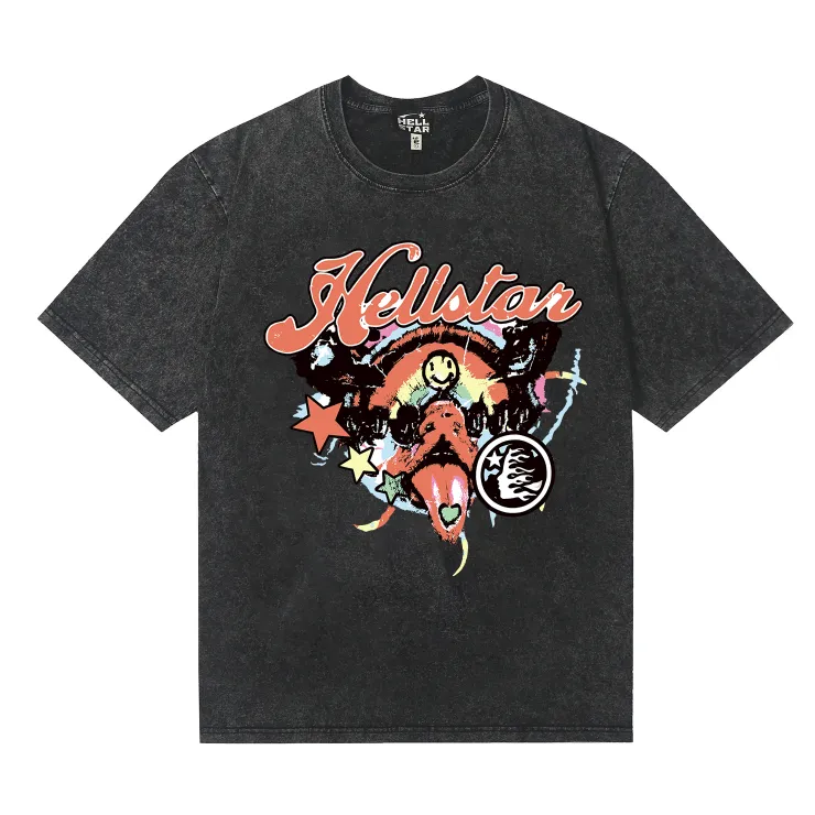 7744# P124 Washed Hellstar Hellstar ins same style retro printed tops for men and women, casual and trendy pure cotton washed short-sleeved T-shirt Color: Black Size: S M L XL