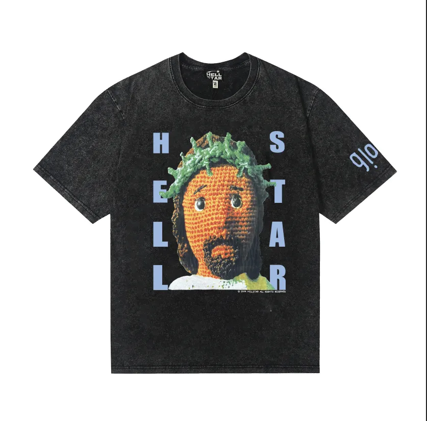 7729# P124 Washed Hellstar Hellstar ins same style retro printed tops for men and women, casual and trendy pure cotton washed short-sleeved T-shirt Color: Black Size: S M L XL