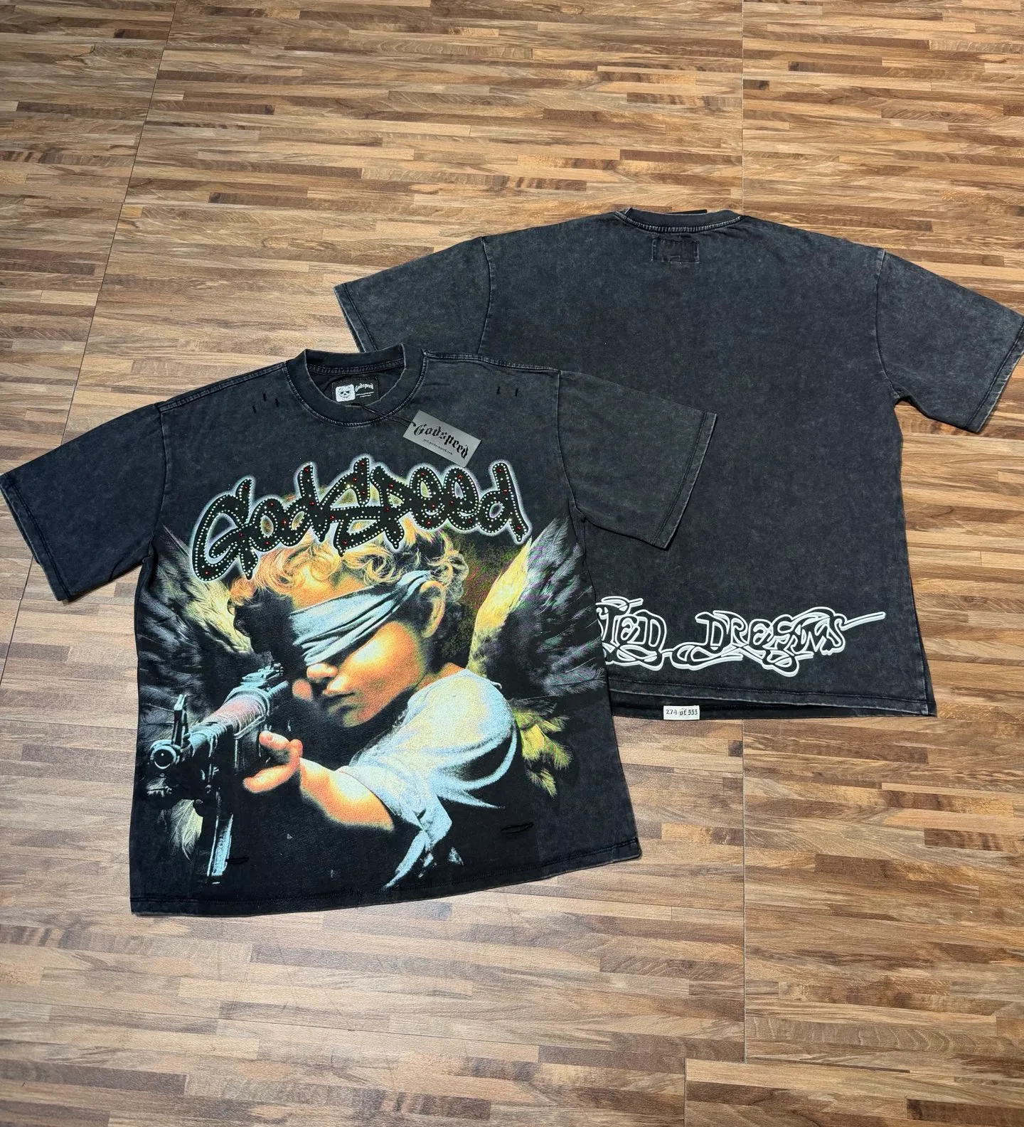 P136 godspeed (holes + hot Australian diamonds) real stock / cross-border American rock and roll street washed retro style short-sleeved T (digital high-definition printing) fabric (fabric): 32 count combed double yarn 250 grams weight code number (size): S-M-L-XL color (colour): washed black/washed violet