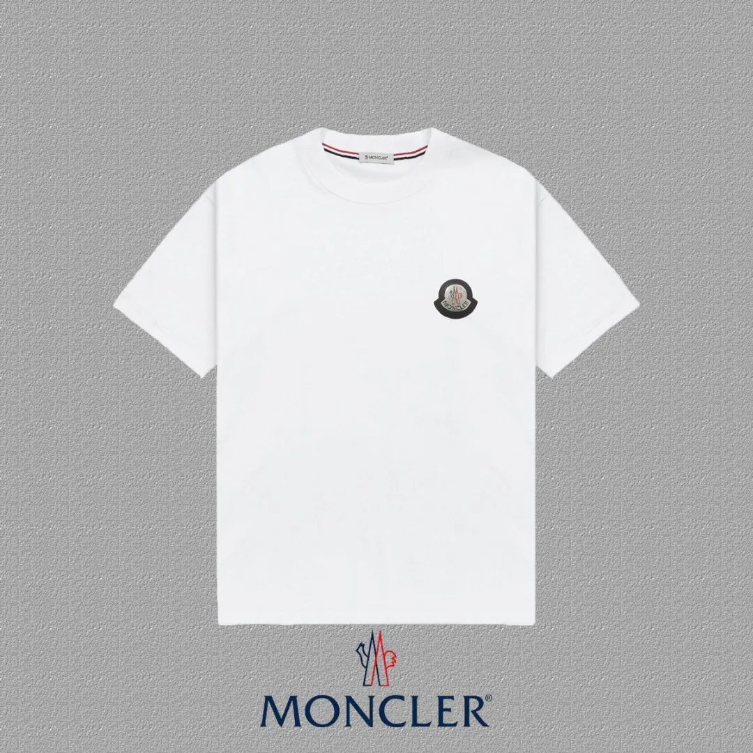 P140 [MONCLER] 2025FW short-sleeved T-shirt with badge + LOGO, high-end 26s double yarn 300g fabric, heavy fabric, custom stretcher rib, same cylinder and dye, complete three standards, same style for men and women, color: black, white, size: S M L XL 2XL