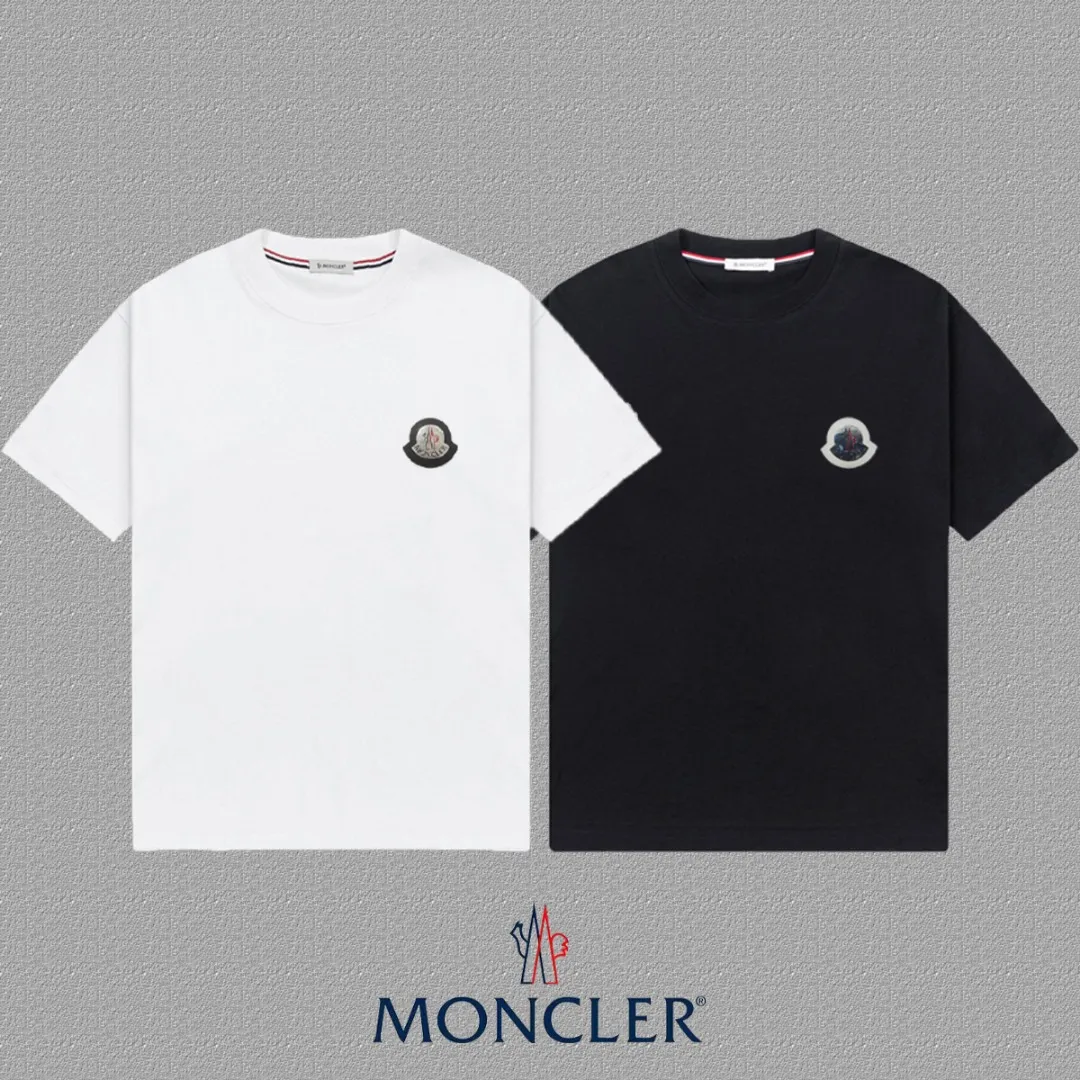 P140 [MONCLER] 2025FW short-sleeved T-shirt with badge + LOGO, high-end 26s double yarn 300g fabric, heavy fabric, custom stretcher rib, same cylinder and dye, complete three standards, same style for men and women, color: black, white, size: S M L XL 2XL