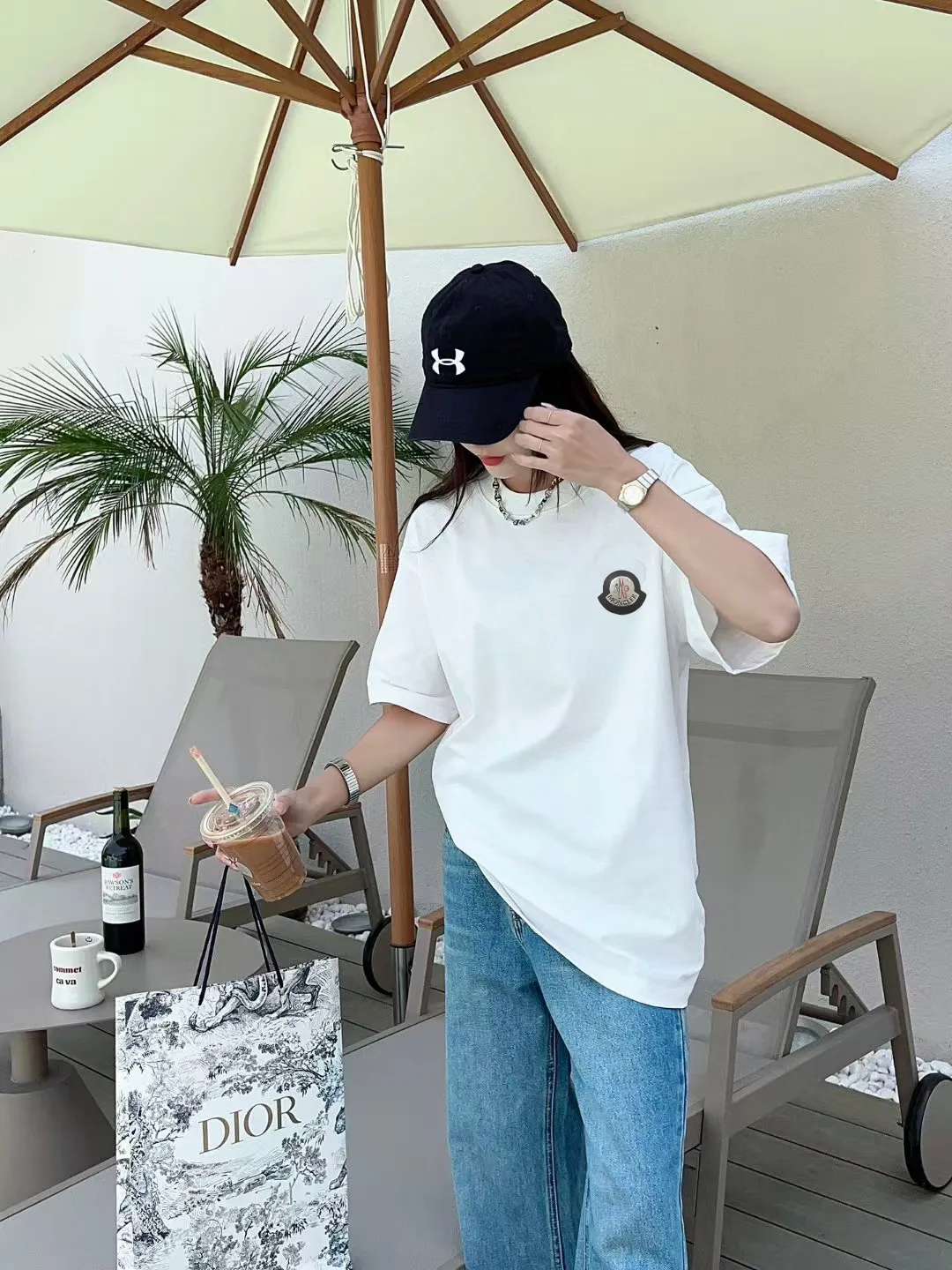 P140 [MONCLER] 2025FW short-sleeved T-shirt with badge + LOGO, high-end 26s double yarn 300g fabric, heavy fabric, custom stretcher rib, same cylinder and dye, complete three standards, same style for men and women, color: black, white, size: S M L XL 2XL