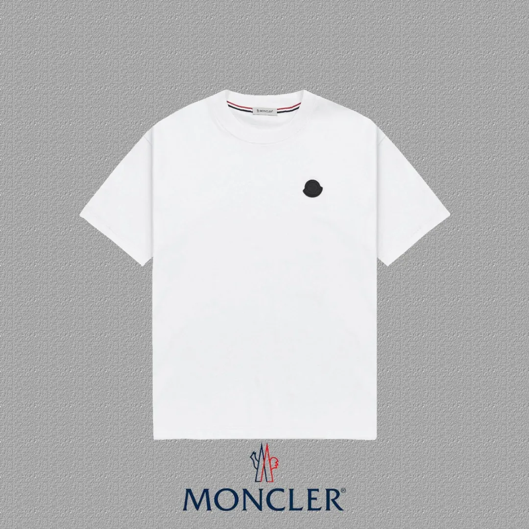 P140 [MONCLER] 2025FW short-sleeved T-shirt, badge LOGO, high-end 26s double yarn 300g fabric, heavy fabric, custom stretch rib, same vat and dye, complete three standards, same style for men and women, color: black, white, size: S M L XL 2XL