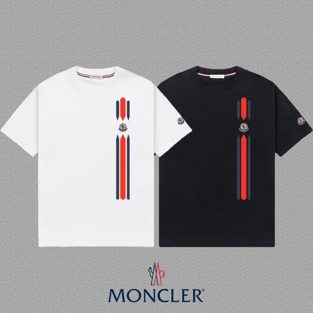 P140 [MONCLER] 2025FW short-sleeved T-shirt, badge + LOGO printing, high-end 26s double yarn 300g fabric, heavy fabric, custom stretch rib, same cylinder and dye, complete three standards, same style for men and women, color: black, white, size: S M L XL 2XL