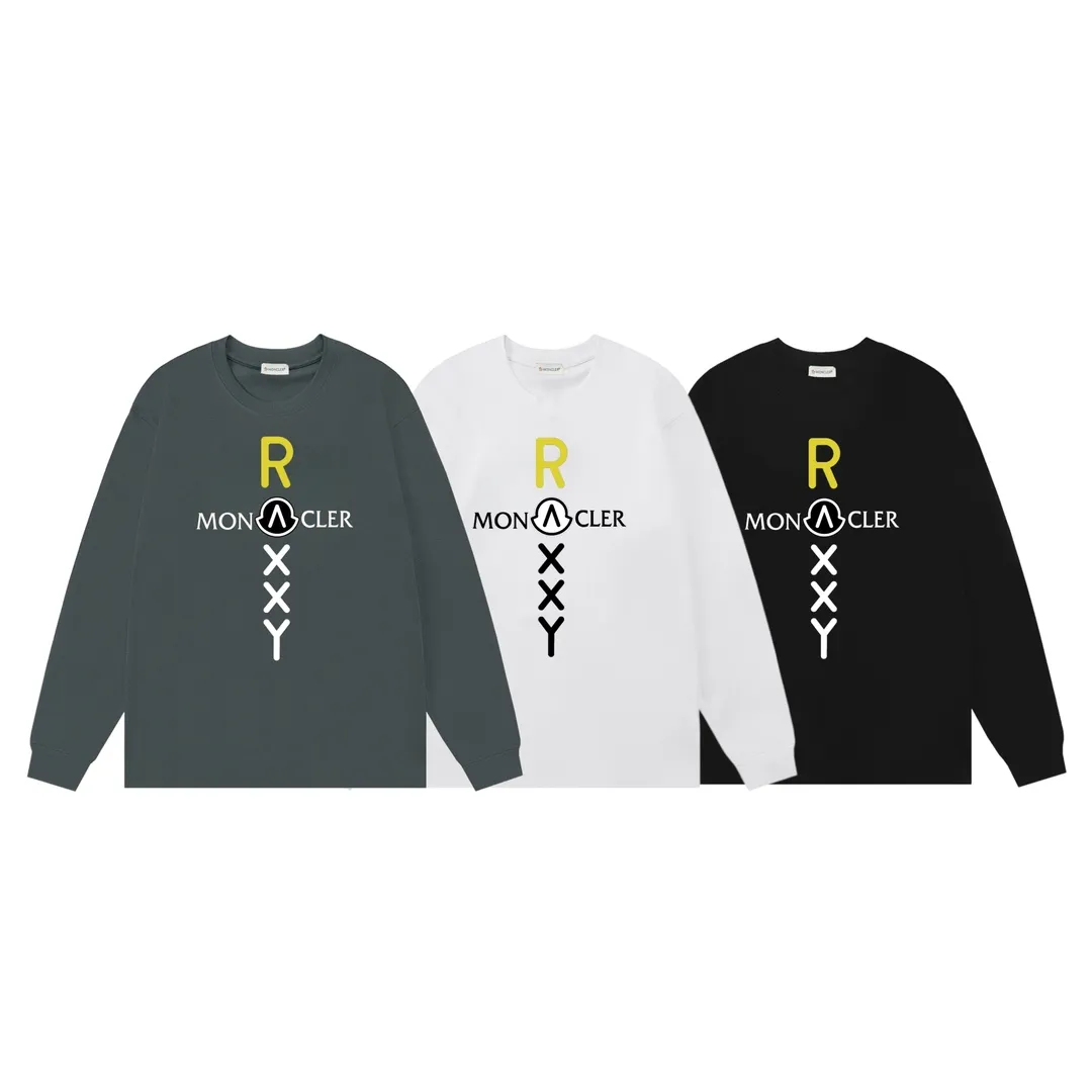 P170 Moncler 2025 new model, light luxury, cross printed letter logo, same style for men and women, long-sleeved T-shirt ·Customized 300g 100% double yarn pure cotton fabric ·Dyeing 32 count double-strand thread ·Collar label, hangtag, main mark and three labels complete Color: Gray Size: XS S M L