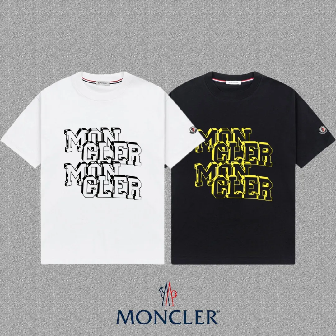 P140 🔥[MONCLER] 2025FW short-sleeved T-shirt, badge + LOGO printing, high-end 26s double yarn 300g fabric, heavy fabric, custom stretcher rib, same vat and dye, complete three standards, same style for men and women, color: black, white, size: S M L XL 2XL