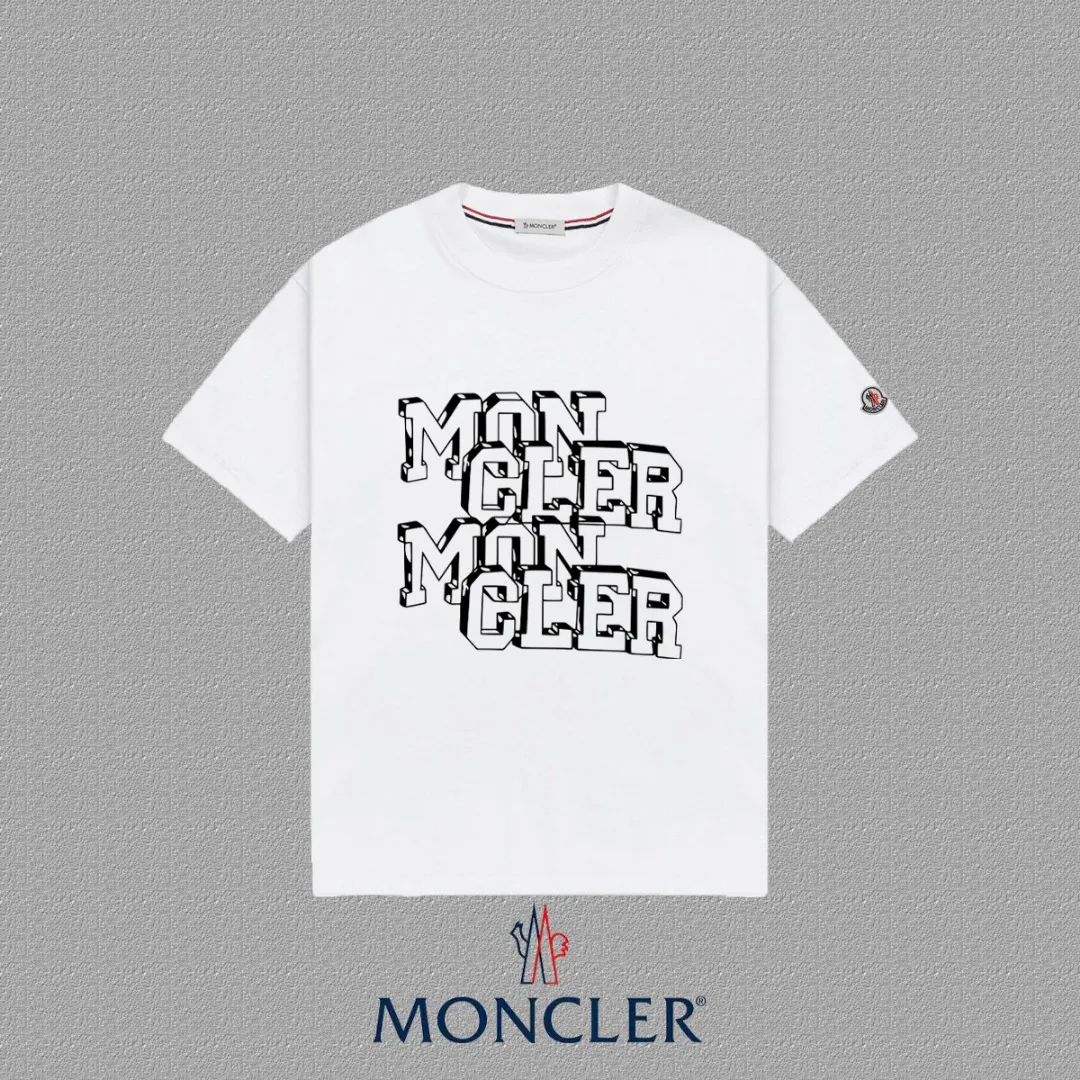 P140 🔥[MONCLER] 2025FW short-sleeved T-shirt, badge + LOGO printing, high-end 26s double yarn 300g fabric, heavy fabric, custom stretcher rib, same vat and dye, complete three standards, same style for men and women, color: black, white, size: S M L XL 2XL