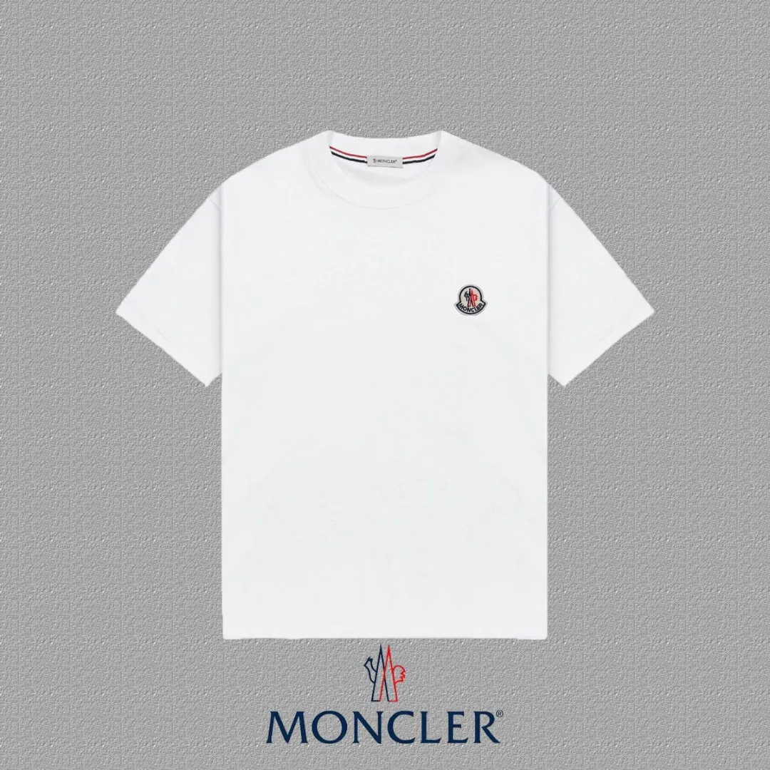 P140 🔥[MONCLER] 2025FW short-sleeved T-shirt, badge LOGO, high-end 26s double yarn 300g fabric, heavy fabric, custom stretcher rib, same vat and dye, complete three standards, same style for men and women, color: black, white, size: S M L XL 2XL