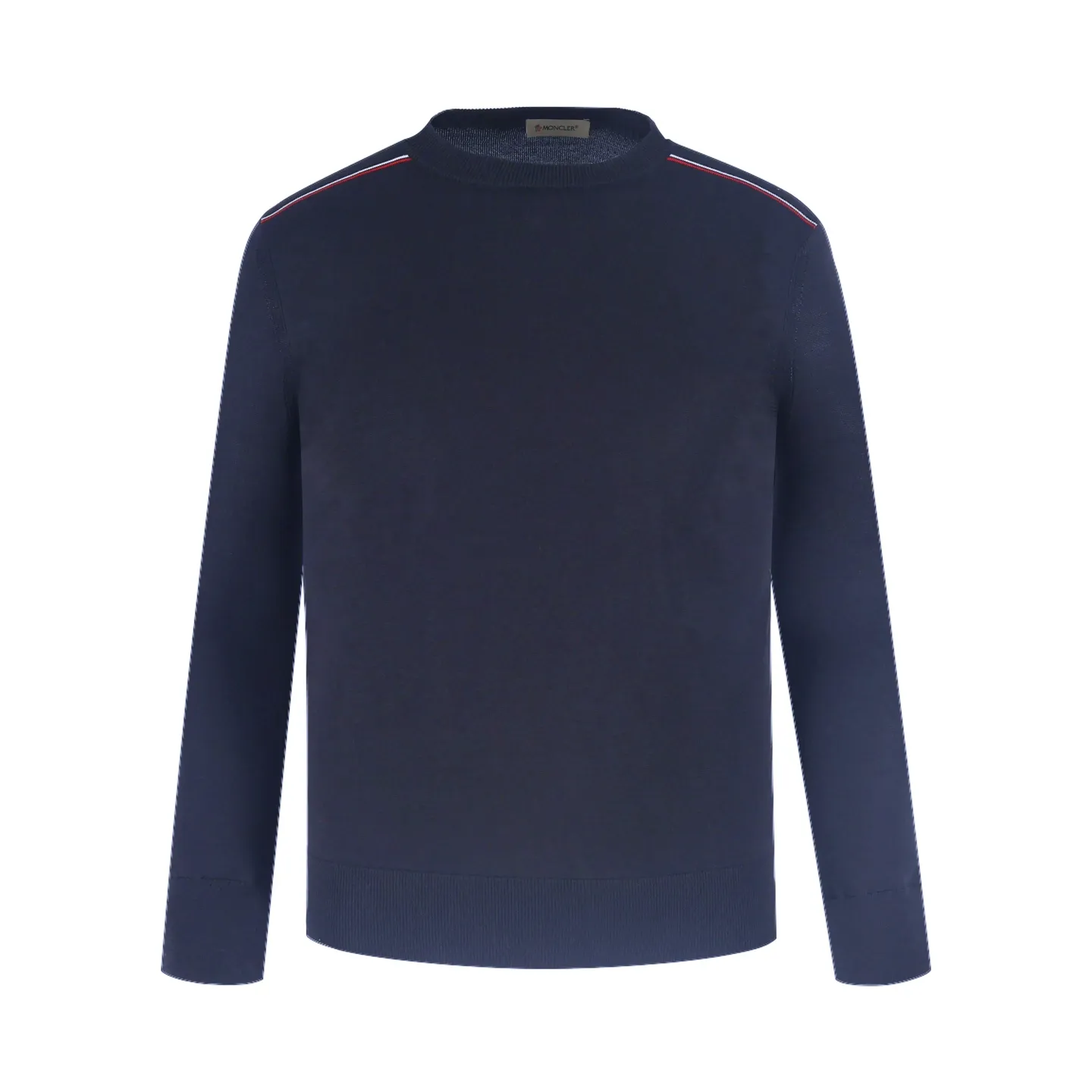 P440 Exclusive supply] Moncler color-blocked shoulder knitted sweater (navy blue). The original version was purchased and developed at 5550. It is spun with custom-dyed navy blue pure cotton yarn, and the computer plate-making positioning jacquard red and white color-blocked shoulder pattern. Made with imported 16-needle knitting machine. The small mark on the arm is embroidered with red and blue insignia using a BEHRINGER imported embroidery machine, and then a Czech sewing machine is used to sew the upper body side by side. Size:M/L/XL/XXL