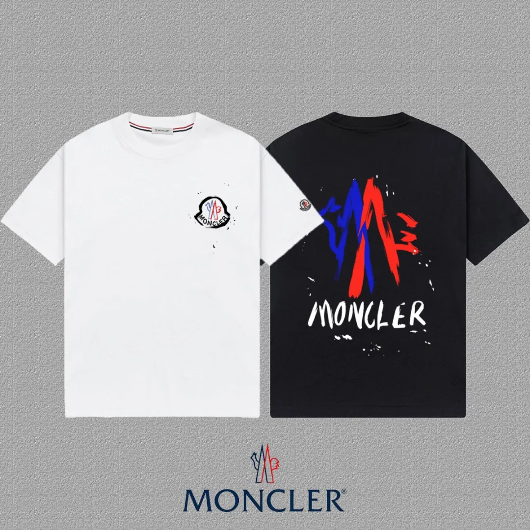 P140 🔥 [MONCLER] 2025FW short-sleeved T-shirt with badge + LOGO, high-end 26s double yarn 300g fabric, heavy fabric, custom stretcher rib, same vat and dye, complete three standards, same style for men and women, color: black, white, size: S M L XL 2XL