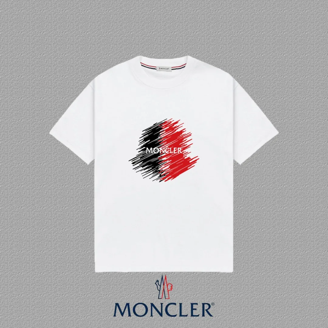 P140 🔥 [MONCLER] 2025FW short-sleeved T-shirt LOGO printing, high-end 26s double yarn 300g fabric, heavy fabric, custom stretcher rib, same vat and dye, complete three standards, same style for men and women, color: black, white, size: S M L XL 2XL