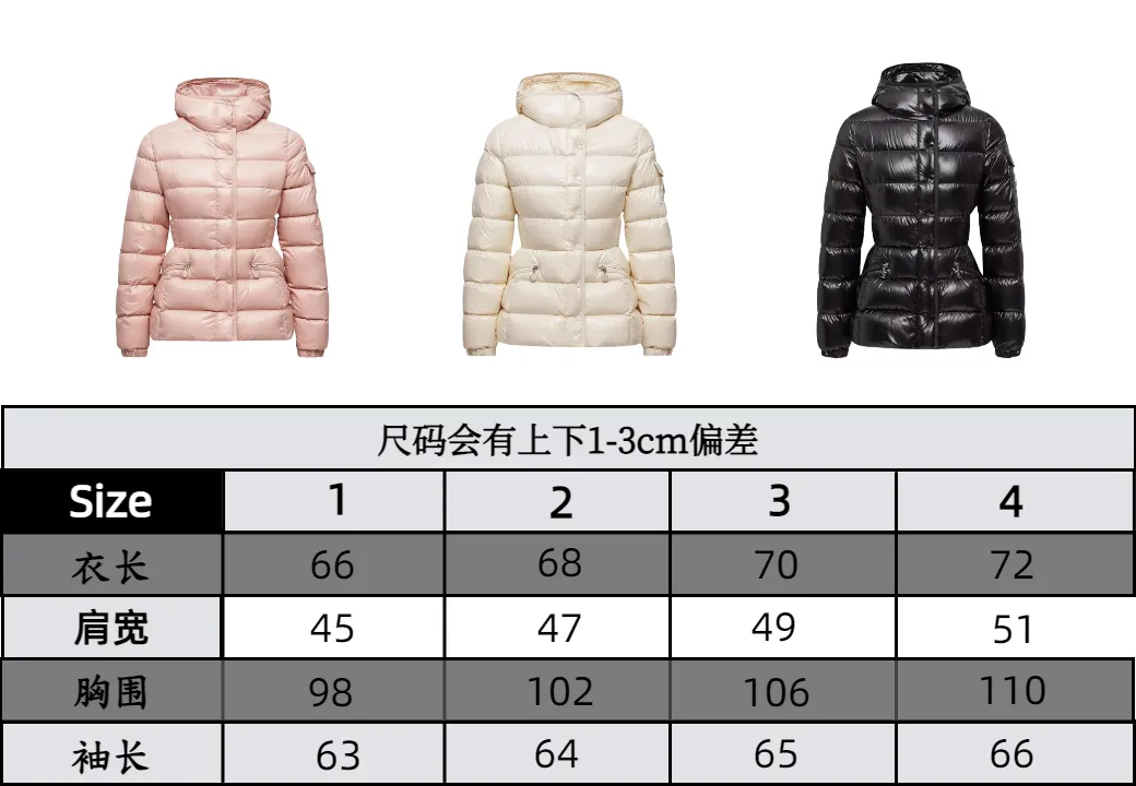 P1140 Moncler Barante series short waisted down jacket. The Barante down jacket is made of glossy nylon fabric and is inspired by the 1970s. The short version features a nipped-in waist and an A-line silhouette, highlighting a feminine style. An adjustable hood and signature logo patch add finishing touches.  Fabric: Made of nylon laque fabric, Nylon laque lining, filled with down (90 white goose down) Craftsmanship: Adjustable hood, zipper and snap closure, zipper pocket Adjustable cuffs (supports NFC function Color: black pink off-white Size: 0 1 2 3 4446080