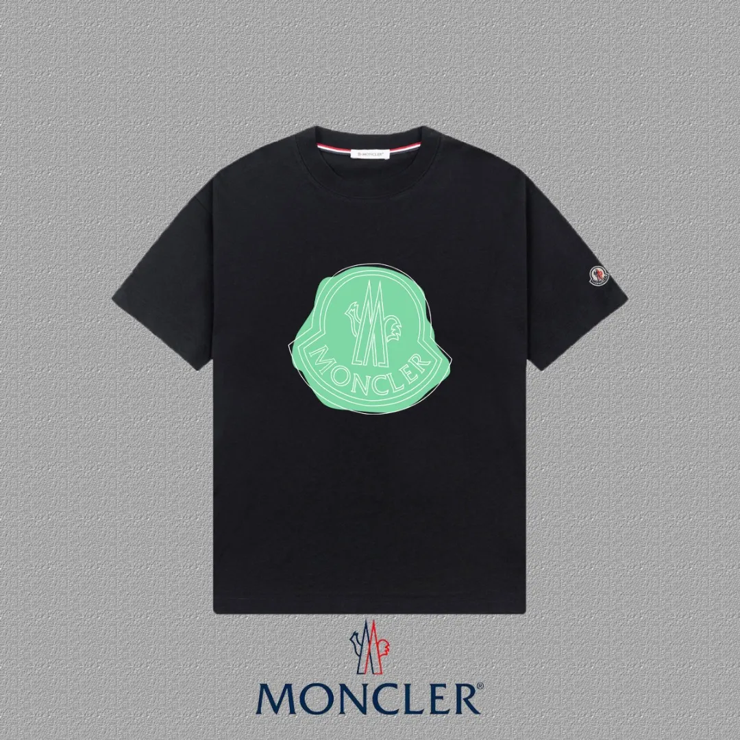 P140 [MONCLER] 2025FW short-sleeved T-shirt, LOGO printing, high-end 26s double yarn 300g fabric, heavy fabric, custom stretcher rib, same vat and dye, three standard complete, same style for men and women, color: black, white, size: S M L XL 2XL