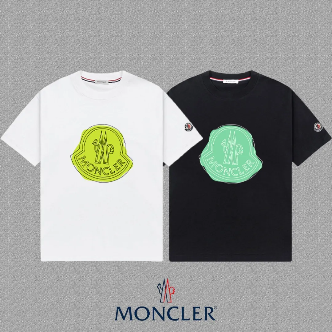 P140 [MONCLER] 2025FW short-sleeved T-shirt, LOGO printing, high-end 26s double yarn 300g fabric, heavy fabric, custom stretcher rib, same vat and dye, three standard complete, same style for men and women, color: black, white, size: S M L XL 2XL