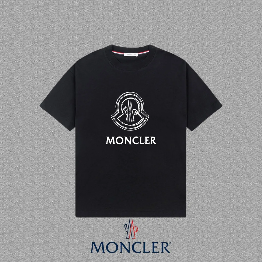 P140 🔥 [MONCLER] 2025FW short-sleeved T-shirt LOGO printing, high-end 26s double yarn 300g fabric, heavy fabric, custom stretcher rib, same vat and dye, complete three standards, same style for men and women, color: black, white, size: S M L XL 2XL