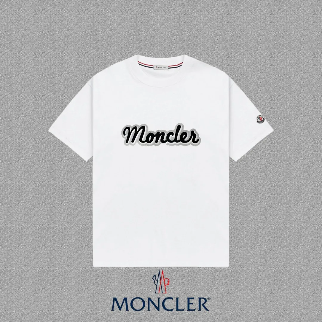 P140 🔥[MONCLER] 2025FW short-sleeved T-shirt, badge + LOGO printing, high-end 26s double yarn 300g fabric, heavy fabric, custom stretcher rib, same vat and dye, complete three standards, same style for men and women, color: black, white, size: S M L XL 2XL