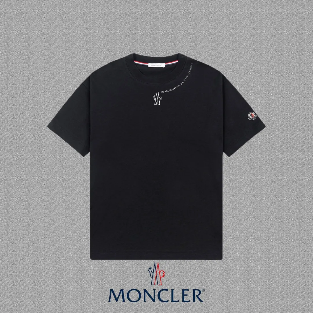 P140 🔥[MONCLER] 2025FW short-sleeved T-shirt, badge + LOGO printing, high-end 26s double yarn 300g fabric, heavy fabric, custom stretcher rib, same vat and dye, complete three standards, same style for men and women, color: black, white, size: S M L XL 2XL