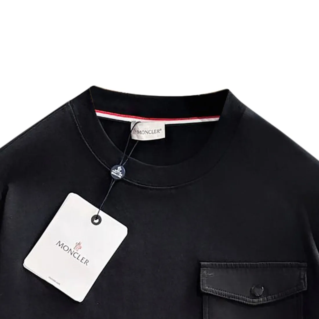 P190 Moncler 2025 new style Woven pocket splicing process Customized small logo Uniform style for men and women Long-sleeved T-shirt · Customized 280g pure cotton fabric · Custom dyed 32-count double-strand thread · Collar label, hangtag, main mark and three complete labels Color: black Size: XS S M L