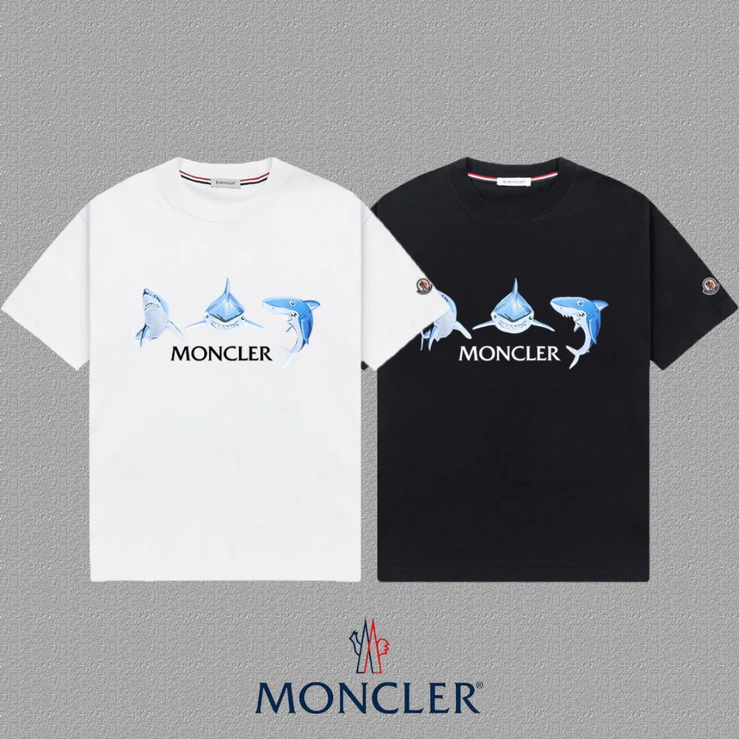 P140 [MONCLER] 2025FW short-sleeved T-shirt with badge + LOGO, high-end 26s double yarn 300g fabric, heavy fabric, custom stretcher rib, same cylinder and dye, complete three standards, same style for men and women, color: black, white, size: S M L XL 2XL