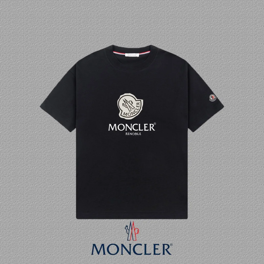 P140 🔥 [MONCLER] 2025FW short-sleeved T-shirt with badge + LOGO, high-end 26s double yarn 300g fabric, heavy fabric, custom stretcher rib, same vat and dye, complete three standards, same style for men and women, color: black, white, size: S M L XL 2XL