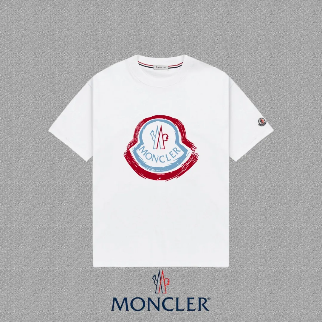 P140 [MONCLER] 2025FW short-sleeved T-shirt, LOGO printing, high-end 26s double yarn 300g fabric, heavy fabric, custom stretcher rib, same vat and dye, three standard complete, same style for men and women, color: black, white, size: S M L XL 2XL