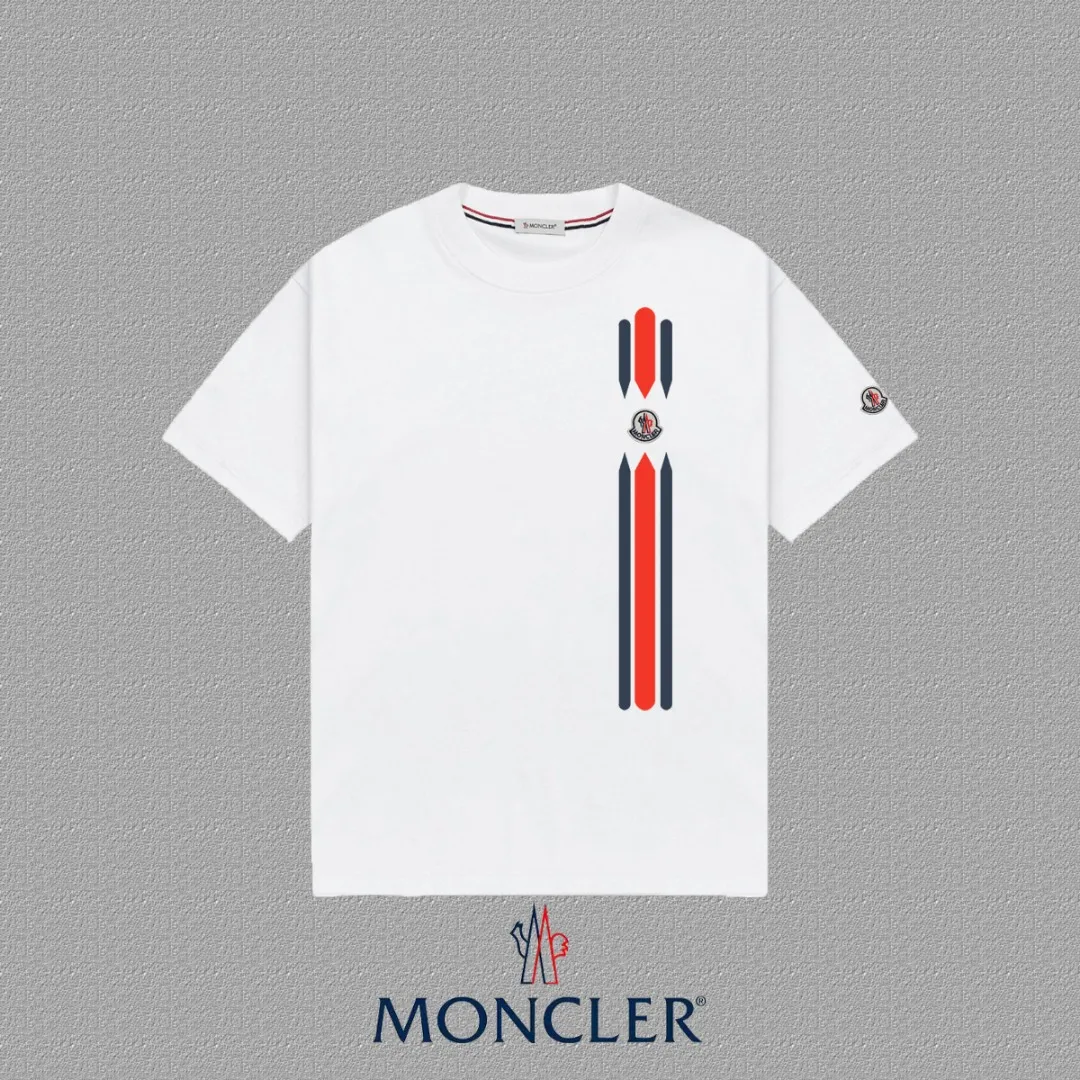 P140 🔥[MONCLER] 2025FW short-sleeved T-shirt, badge + LOGO printing, high-end 26s double yarn 300g fabric, heavy fabric, custom stretcher rib, same vat and dye, complete three standards, same style for men and women, color: black, white, size: S M L XL 2XL