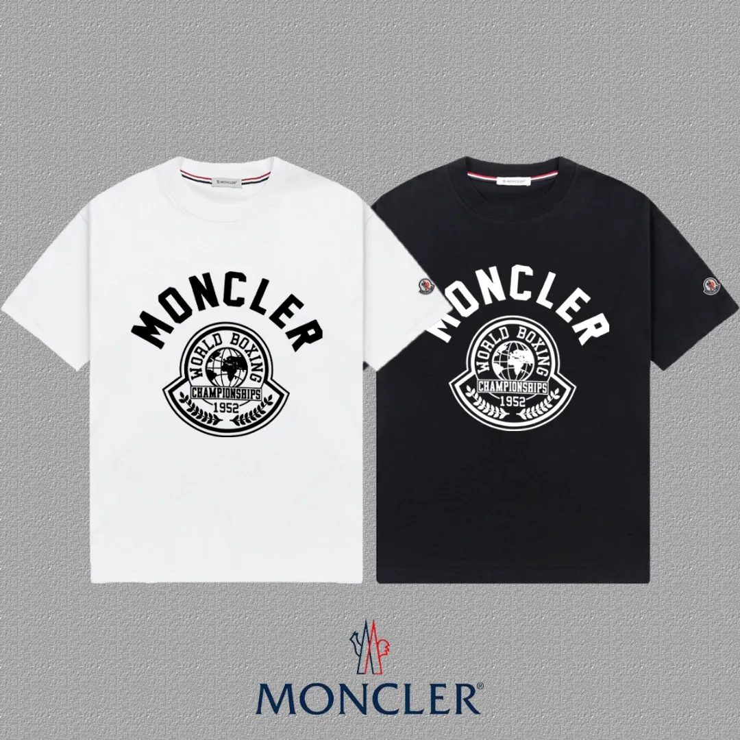 P140 [Moncler] 2025FW short-sleeved T-shirt LOGO printing, high-end 26s double yarn 300g fabric, heavy fabric, custom stretcher rib, same vat and dye, complete three standards, same style for men and women, color: black, white, size: S M L XL 2XL