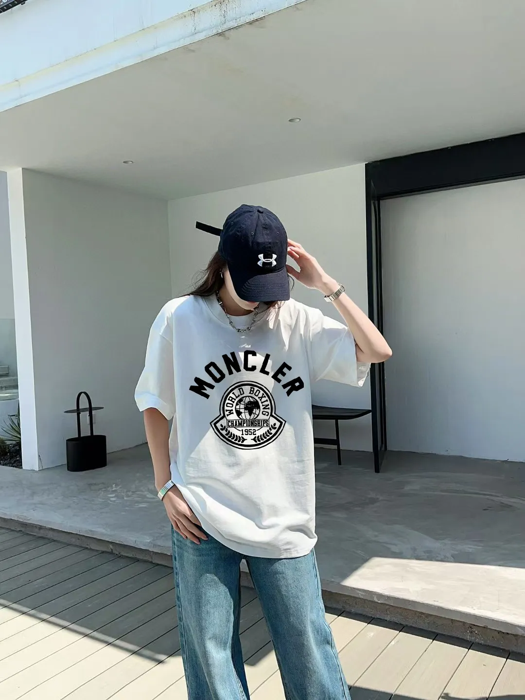 P140 [Moncler] 2025FW short-sleeved T-shirt LOGO printing, high-end 26s double yarn 300g fabric, heavy fabric, custom stretcher rib, same vat and dye, complete three standards, same style for men and women, color: black, white, size: S M L XL 2XL