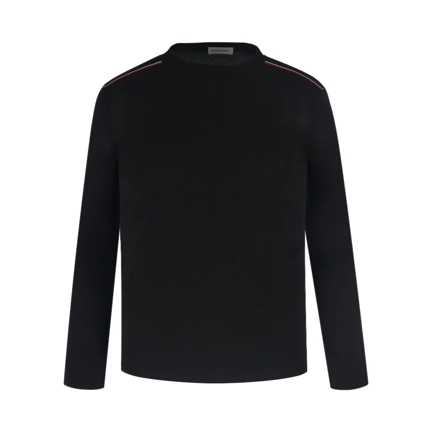 P440 Exclusive supply] Moncler color-blocked shoulder knitted sweater (black). The original version was purchased and developed at 5550. It is spun with custom-dyed black pure cotton yarn and has a computer-printed jacquard red and white color-blocked shoulder pattern. Made with imported 16-needle knitting machine. The small mark on the arm is embroidered with red and blue insignia using a BEHRINGER imported embroidery machine, and then a Czech sewing machine is used to sew the upper body side by side. Size:M/L/XL/XXL