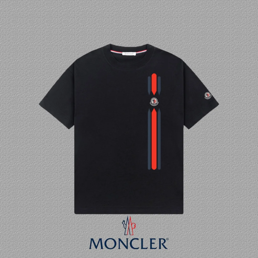 P140 🔥[MONCLER] 2025FW short-sleeved T-shirt, badge + LOGO printing, high-end 26s double yarn 300g fabric, heavy fabric, custom stretcher rib, same vat and dye, complete three standards, same style for men and women, color: black, white, size: S M L XL 2XL