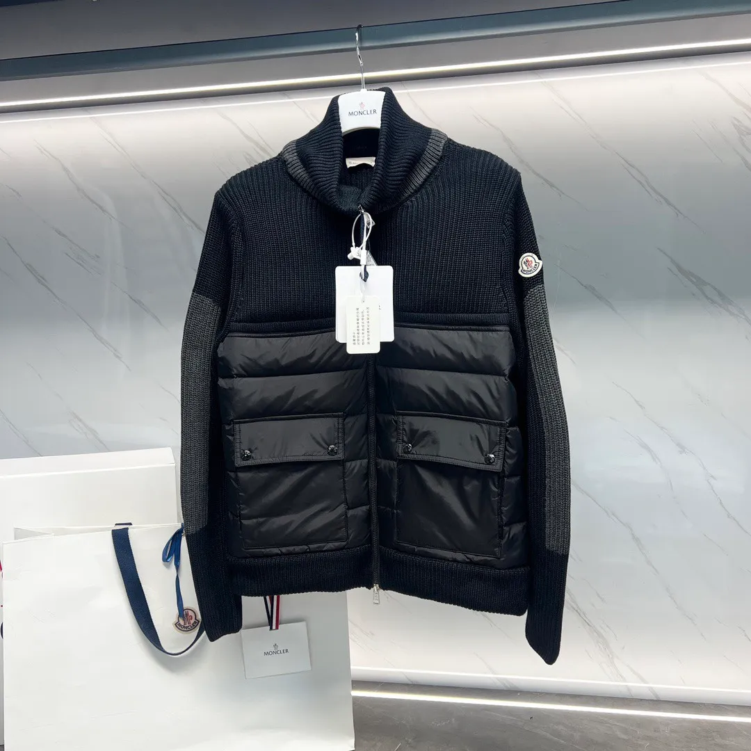 P680 Guangzhou high version Moncler Moncler knitted down solid color connecting zipper double pocket jacket thin coat black military green S M L XL