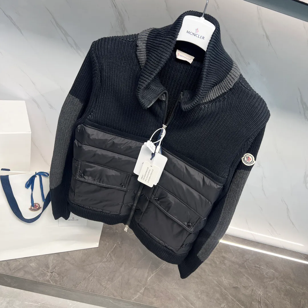 P680 Guangzhou high version Moncler Moncler knitted down solid color connecting zipper double pocket jacket thin coat black military green S M L XL