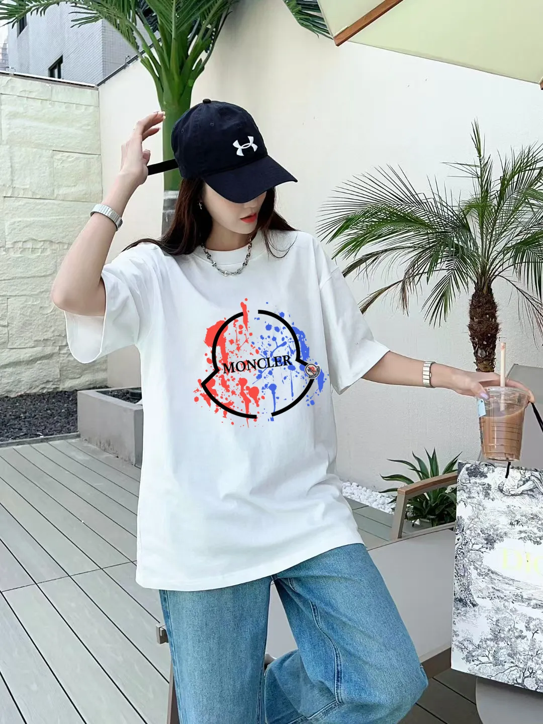 P140 [MONCLER] 2025FW short-sleeved T-shirt with badge + LOGO, high-end 26s double yarn 300g fabric, heavy fabric, custom stretcher rib, same cylinder and dye, complete three standards, same style for men and women, color: black, white, size: S M L XL 2XL