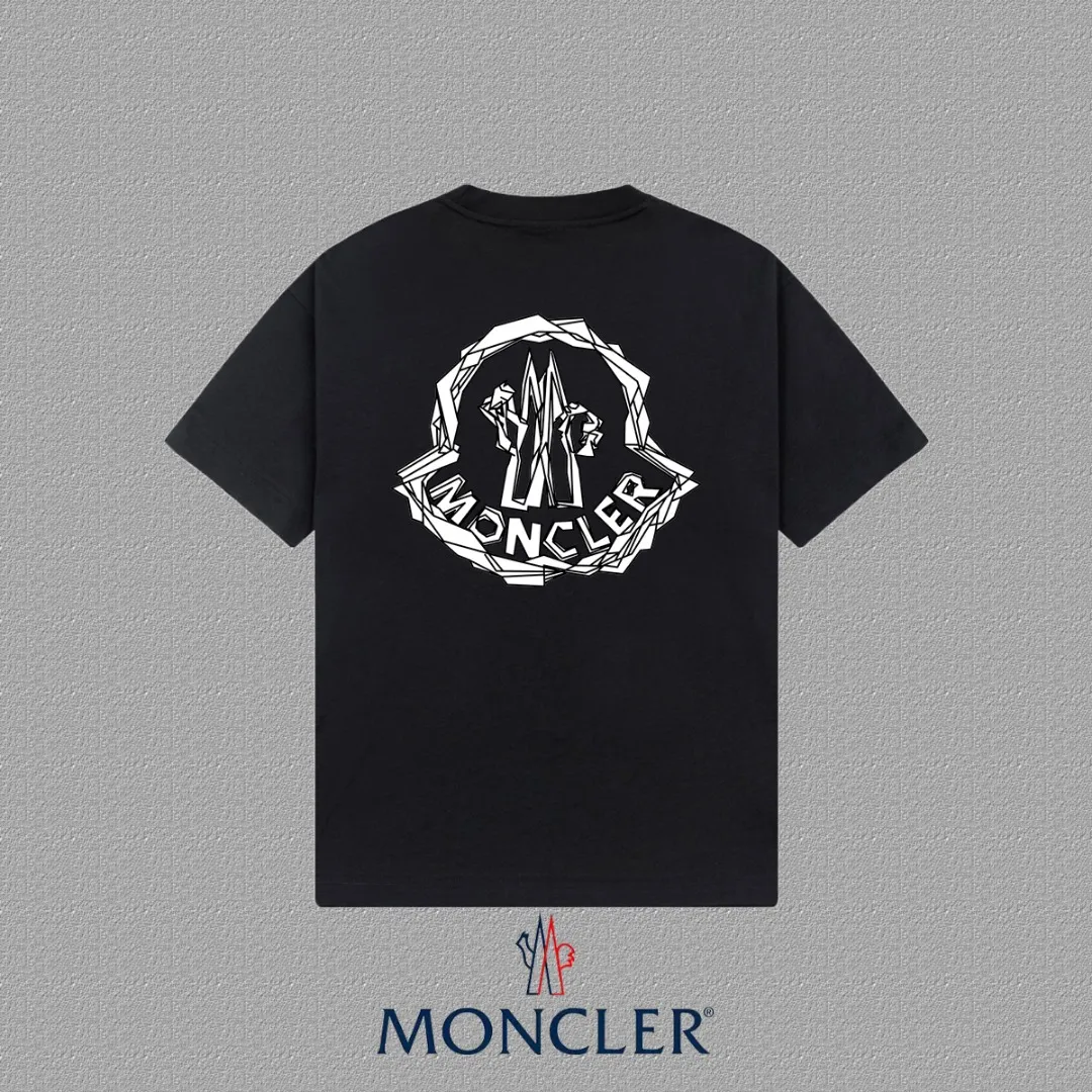 P140 [Moncler] 2025FW short-sleeved T-shirt LOGO printing, high-end 26s double yarn 300g fabric, heavy fabric, custom stretcher rib, same vat and dye, complete three standards, same style for men and women, color: black, white, size: S M L XL 2XL