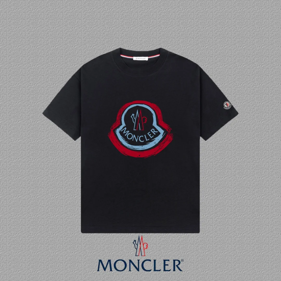 P140 [MONCLER] 2025FW short-sleeved T-shirt, LOGO printing, high-end 26s double yarn 300g fabric, heavy fabric, custom stretcher rib, same vat and dye, three standard complete, same style for men and women, color: black, white, size: S M L XL 2XL