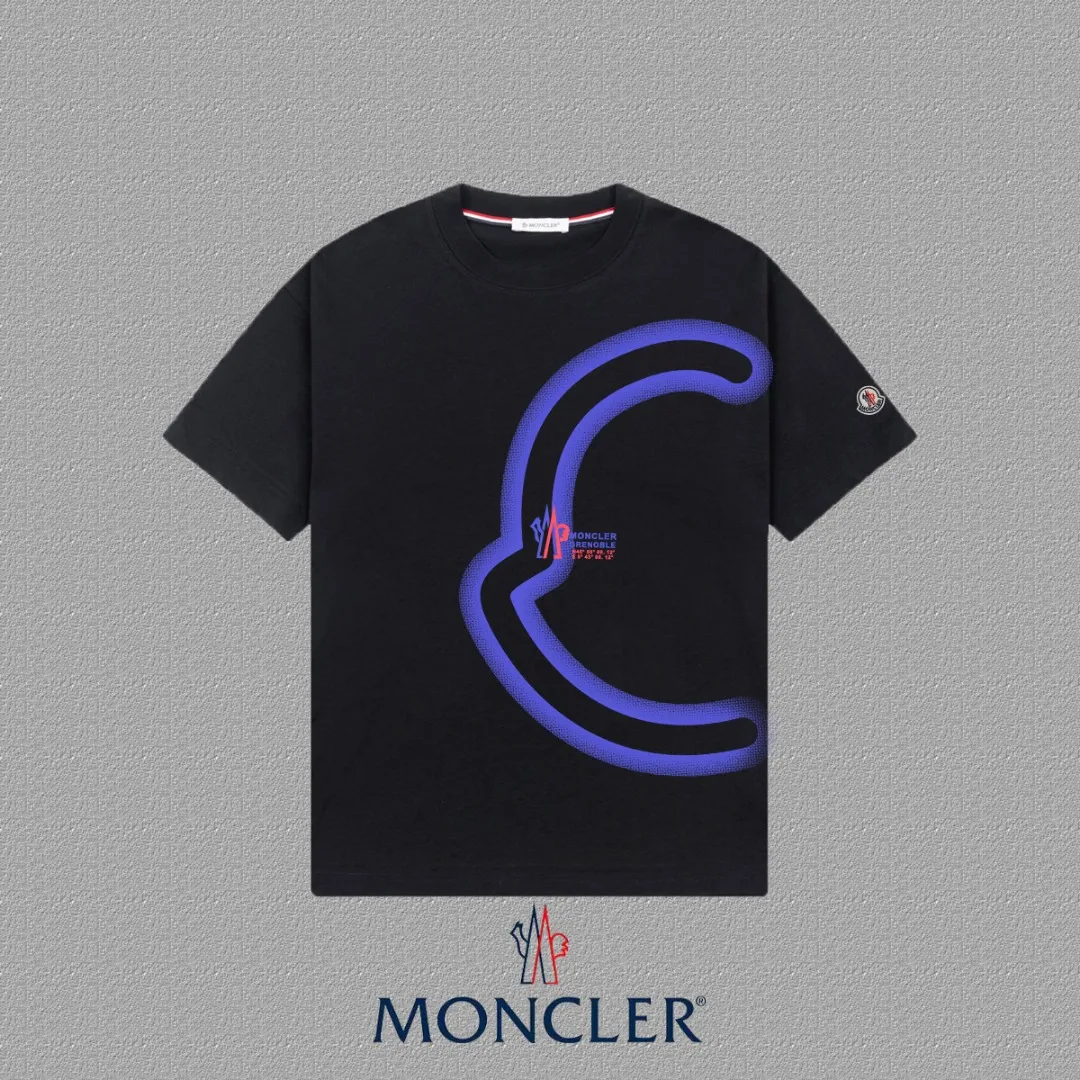 P140 [MONCLER] 2025FW short-sleeved T-shirt, badge + LOGO printing, high-end 26s double yarn 300g fabric, heavy fabric, custom stretch rib, same cylinder and dye, complete three standards, same style for men and women, color: black, white, size: S M L XL 2XL